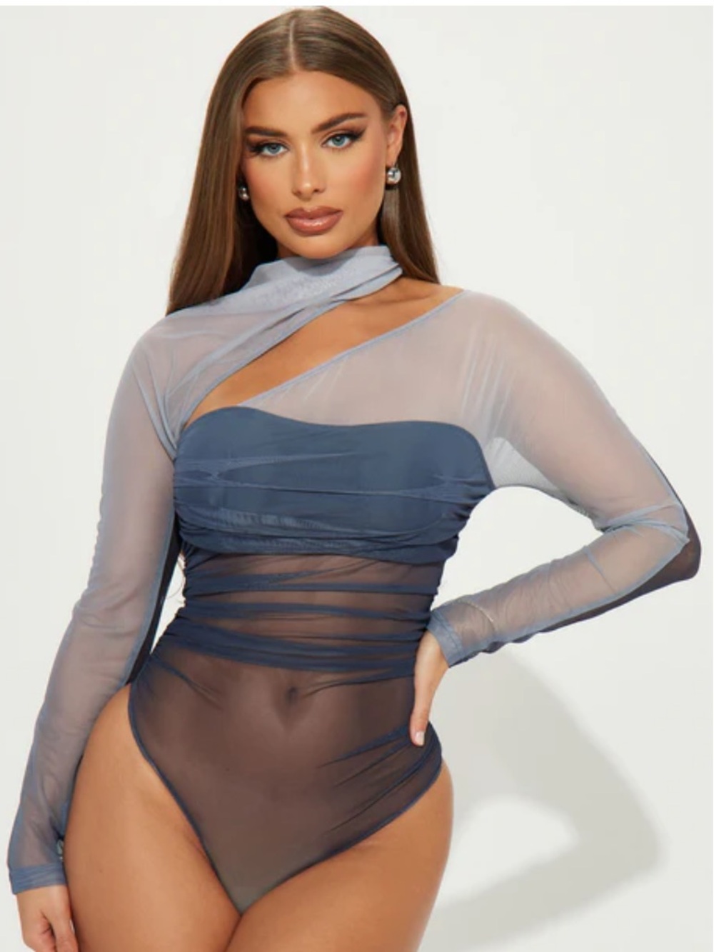 Fashion Nova Blue Grey Mesh Asymmetric Bodysuit